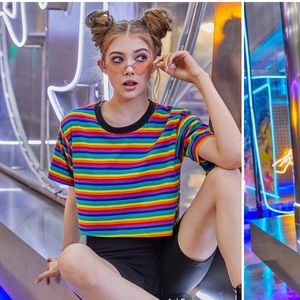 Retro Black Rainbow Striped Boxy Tee